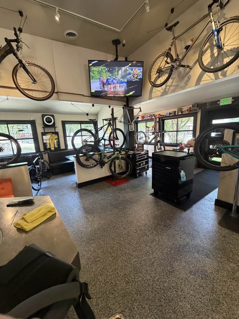 Bicycles and service stands inside the Power House bike shop in Hailey